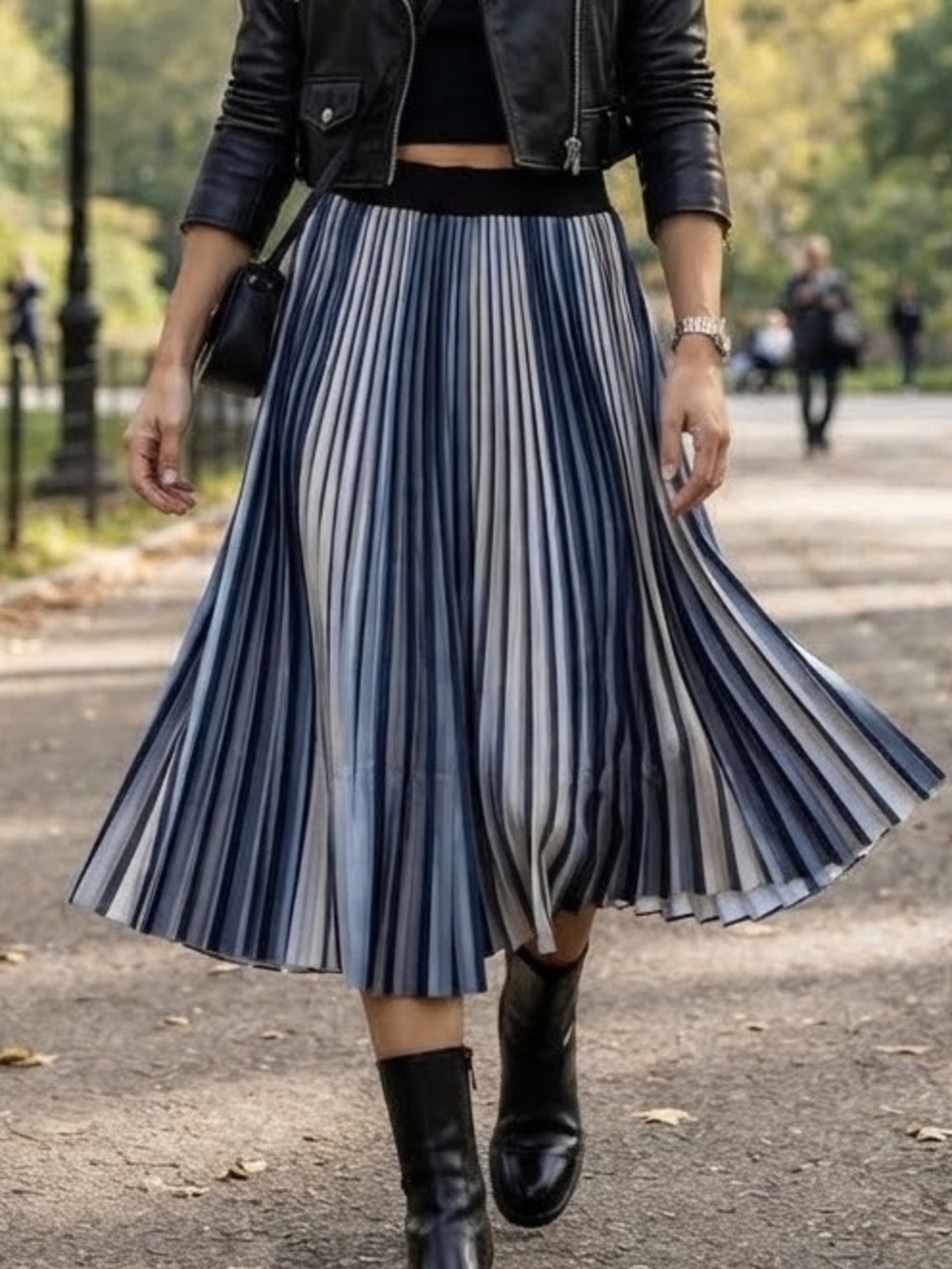 Blue Striped Pleated Midi Skirt Elastic Waist M Chic Coastal Preppy Nautical